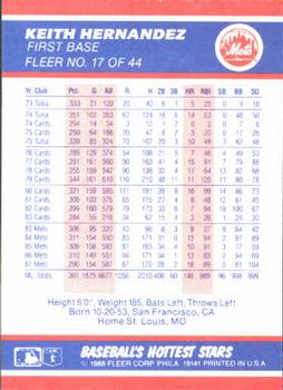 1988 Fleer Baseball's Hottest Stars #17 Keith Hernandez Back