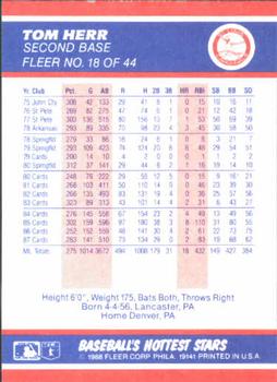 1988 Fleer Baseball's Hottest Stars #18 Tom Herr Back