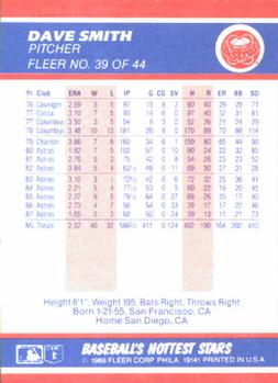 1988 Fleer Baseball's Hottest Stars #39 Dave Smith Back