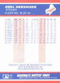 1988 Fleer Baseball's Hottest Stars #19 Orel Hershiser Back