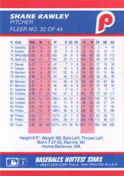 1988 Fleer Baseball's Hottest Stars #32 Shane Rawley Back
