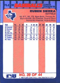 1988 Fleer Baseball's League Leaders #39 Ruben Sierra Back