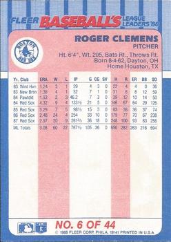 1988 Fleer Baseball's League Leaders #6 Roger Clemens Back