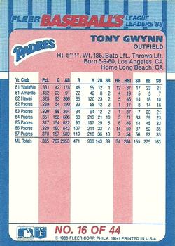 1988 Fleer Baseball's League Leaders #16 Tony Gwynn Back