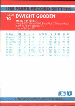 1988 Fleer Record Setters #14 Dwight Gooden Back