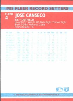 1988 Fleer Record Setters #4 Jose Canseco Back