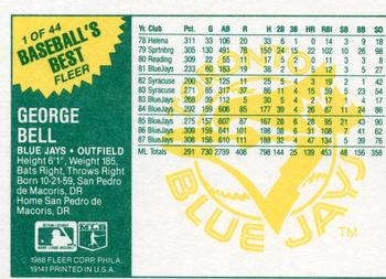 1988 Fleer Baseball's Best Sluggers vs. Pitchers #1 George Bell Back