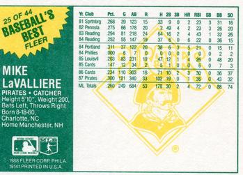 1988 Fleer Baseball's Best Sluggers vs. Pitchers #25 Mike LaValliere Back