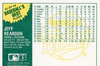 1988 Fleer Baseball's Best Sluggers vs. Pitchers #32 Jeff Reardon Back