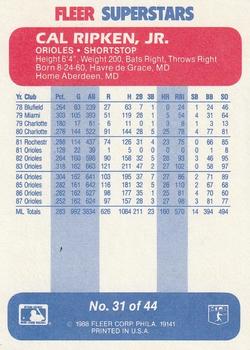 1988 Fleer SuperStars #31 Cal Ripken, Jr. Back
