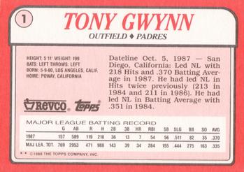 1988 Topps Revco League Leaders #1 Tony Gwynn Back