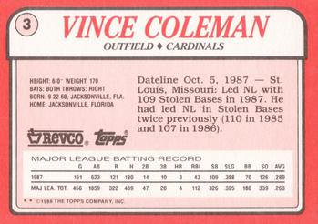 1988 Topps Revco League Leaders #3 Vince Coleman Back
