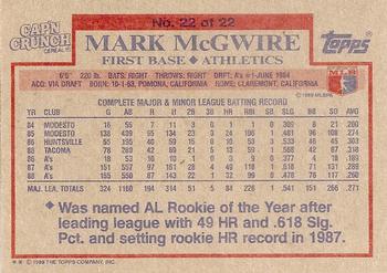 1989 Topps Cap'n Crunch #22 Mark McGwire Back