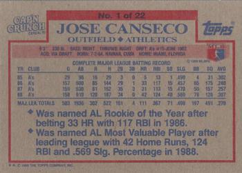 1989 Topps Cap'n Crunch #1 Jose Canseco Back
