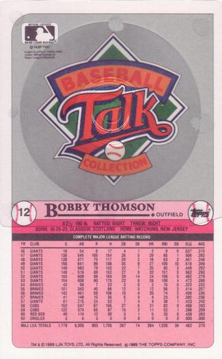 1989 Topps/LJN Baseball Talk #12 Bobby Thomson Back