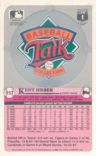 1989 Topps/LJN Baseball Talk #157 Kent Hrbek Back