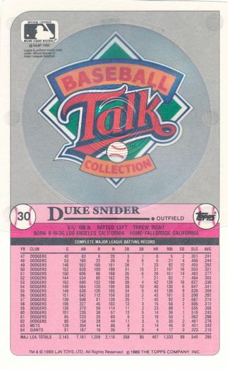 1989 Topps/LJN Baseball Talk #30 Duke Snider Back