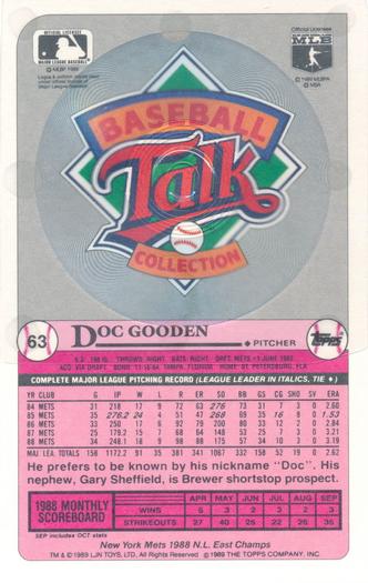 1989 Topps/LJN Baseball Talk #63 Doc Gooden Back
