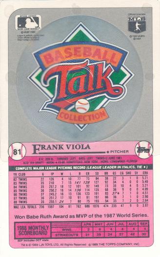 1989 Topps/LJN Baseball Talk #81 Frank Viola Back