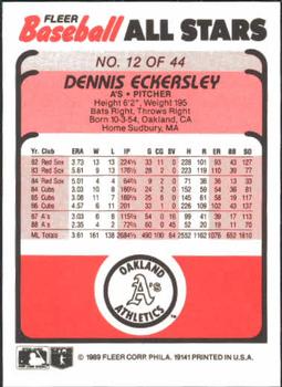 1989 Fleer Baseball All-Stars #12 Dennis Eckersley  Back