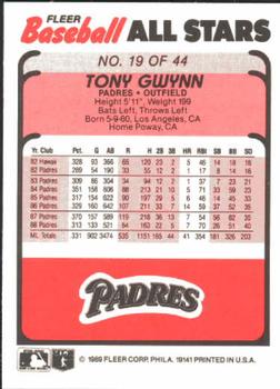 1989 Fleer Baseball All-Stars #19 Tony Gwynn  Back