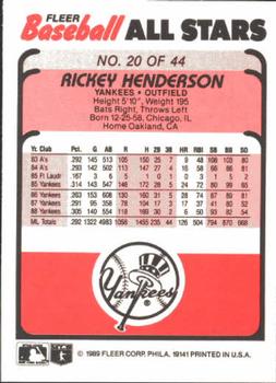 1989 Fleer Baseball All-Stars #20 Rickey Henderson  Back