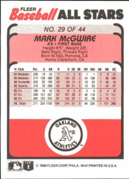 1989 Fleer Baseball All-Stars #29 Mark McGwire  Back