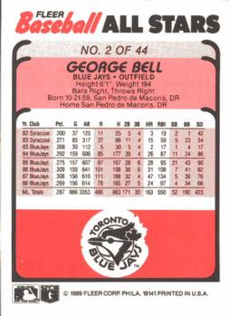 1989 Fleer Baseball All-Stars #2 George Bell  Back