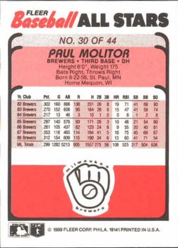1989 Fleer Baseball All-Stars #30 Paul Molitor  Back