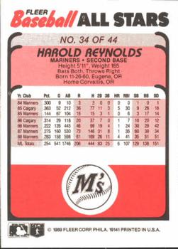 1989 Fleer Baseball All-Stars #34 Harold Reynolds  Back