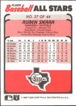 1989 Fleer Baseball All-Stars #37 Ruben Sierra  Back
