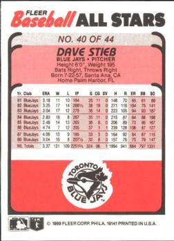 1989 Fleer Baseball All-Stars #40 Dave Stieb  Back