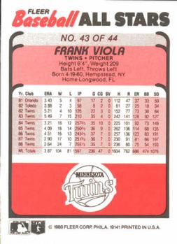 1989 Fleer Baseball All-Stars #43 Frank Viola  Back