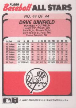 1989 Fleer Baseball All-Stars #44 Dave Winfield Back