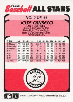 1989 Fleer Baseball All-Stars #5 Jose Canseco  Back