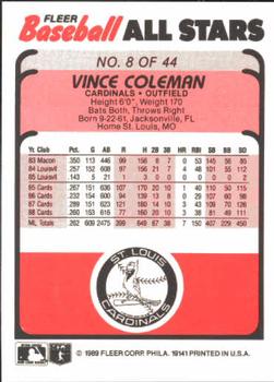 1989 Fleer Baseball All-Stars #8 Vince Coleman  Back