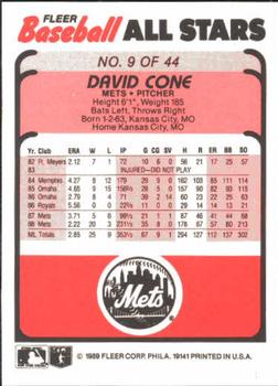 1989 Fleer Baseball All-Stars #9 David Cone  Back