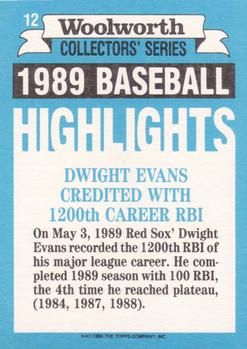 1990 Topps Woolworth Baseball Highlights #12 Dwight Evans Back