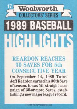 1990 Topps Woolworth Baseball Highlights #17 Jeff Reardon Back
