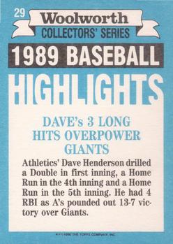 1990 Topps Woolworth Baseball Highlights #29 Dave Henderson Back