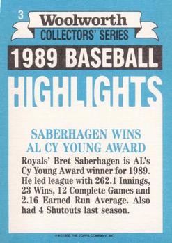 1990 Topps Woolworth Baseball Highlights #3 Bret Saberhagen Back