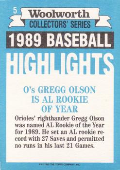 1990 Topps Woolworth Baseball Highlights #5 Gregg Olson Back