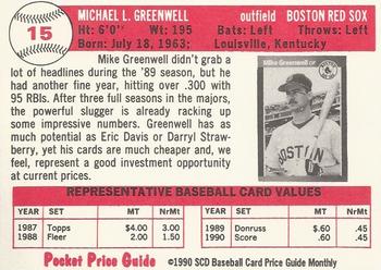 1990 SCD Baseball Card Price Guide Monthly #15 Mike Greenwell Back