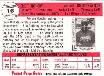 1990 SCD Baseball Card Price Guide Monthly #16 Eric Anthony Back