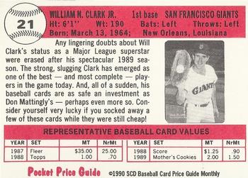 1990 SCD Baseball Card Price Guide Monthly #21 Will Clark Back