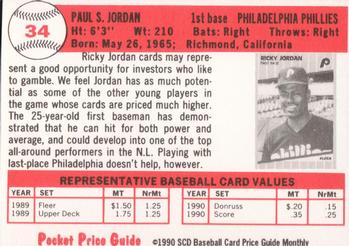 1990 SCD Baseball Card Price Guide Monthly #34 Ricky Jordan Back