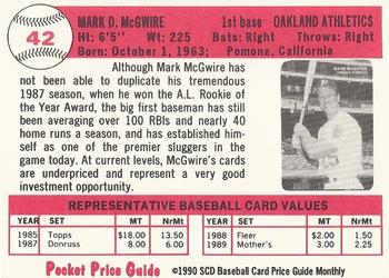 1990 SCD Baseball Card Price Guide Monthly #42 Mark McGwire Back