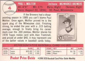 1990 SCD Baseball Card Price Guide Monthly #4 Paul Molitor Back