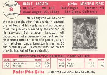 1990 SCD Baseball Card Price Guide Monthly #9 Mark Langston Back