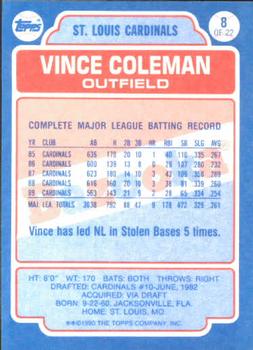 1990 Topps Bazooka #8 Vince Coleman Back